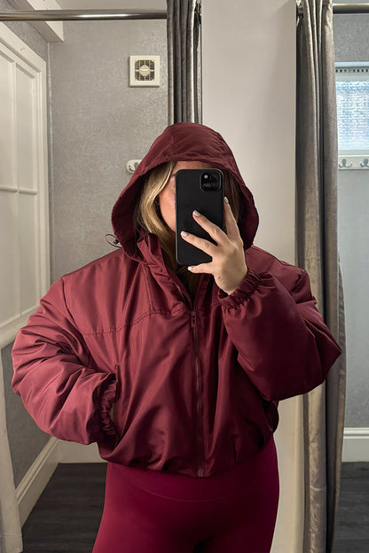 Burgundy Cropped Padded Hooded Jacket