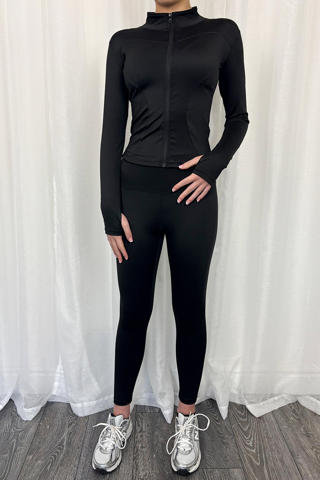 Black Zip Up Jacket & Leggings Active Set