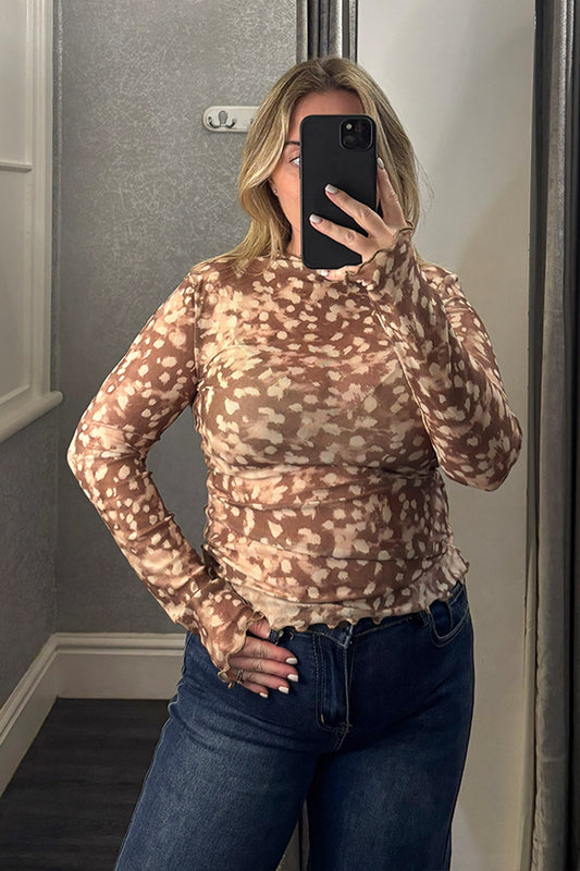 Taupe Deer Print Sheer Long Sleeve Top