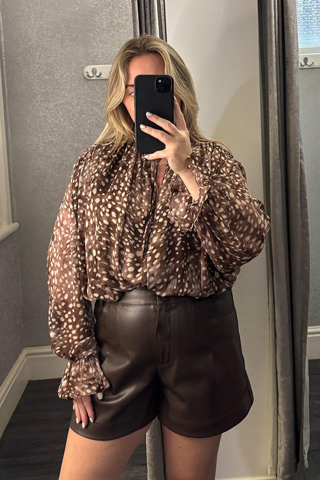 Brown Deer Print Draped Shoulder Blouse