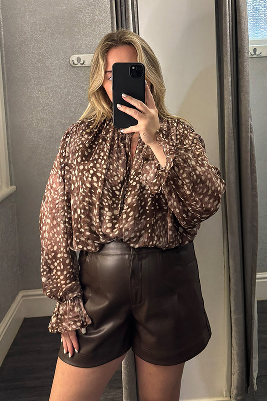 Brown Deer Print Draped Shoulder Blouse