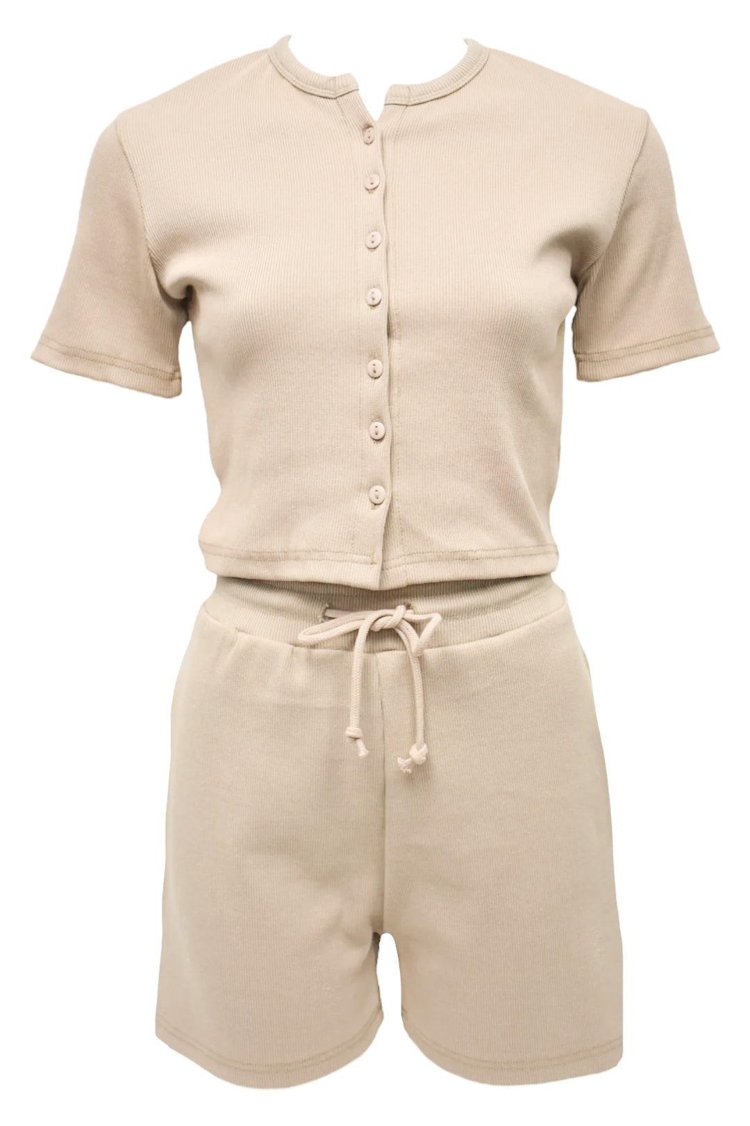 Beige Ribbed Button Up Shorts Co-ord