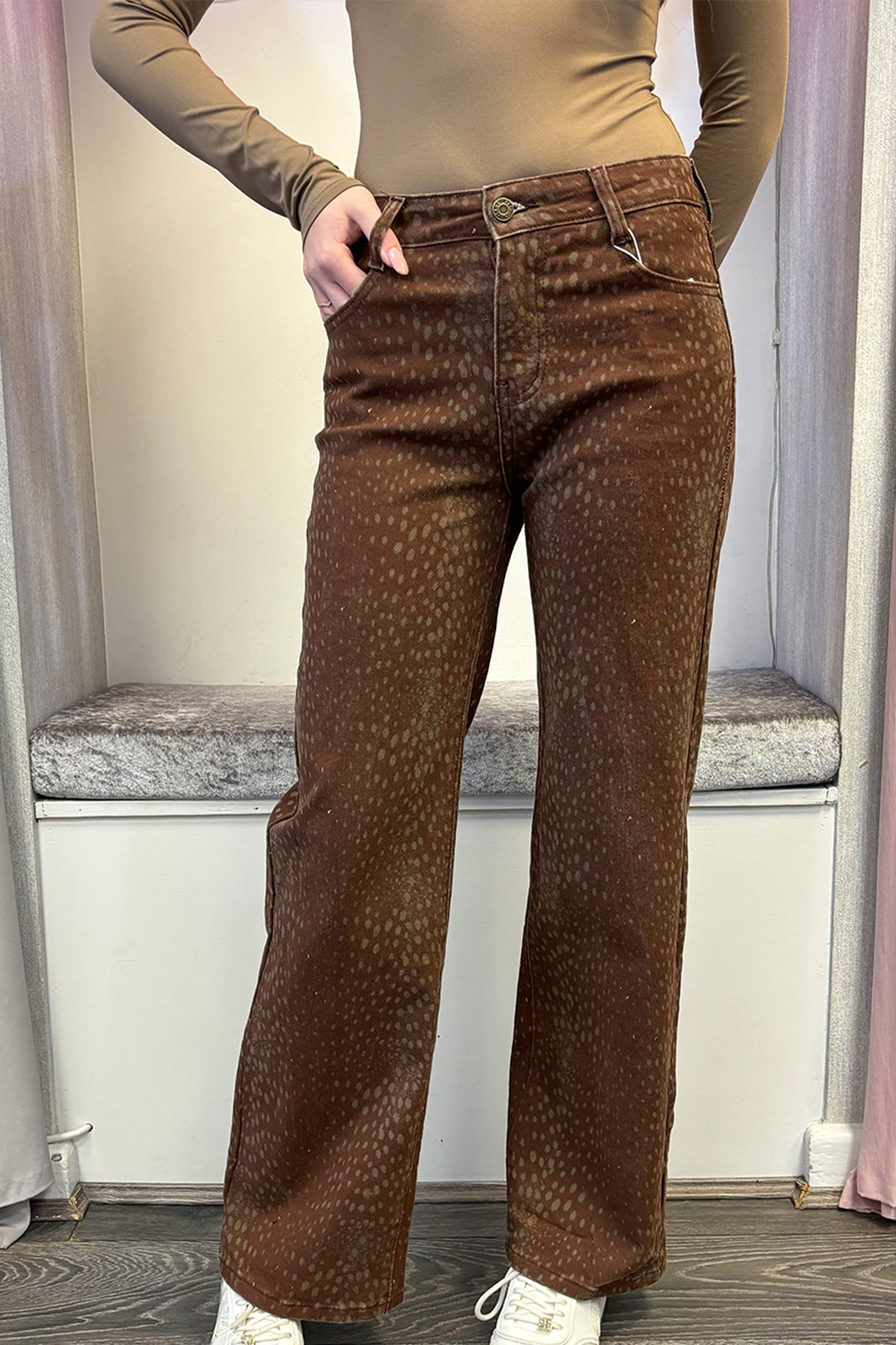 Brown Deer Print Wide Leg Jeans
