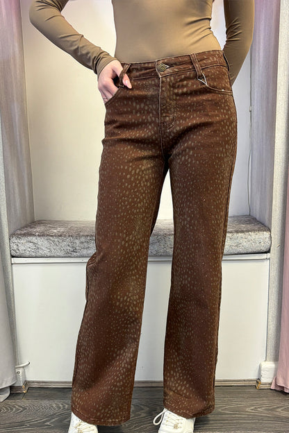 Brown Deer Print Wide Leg Jeans