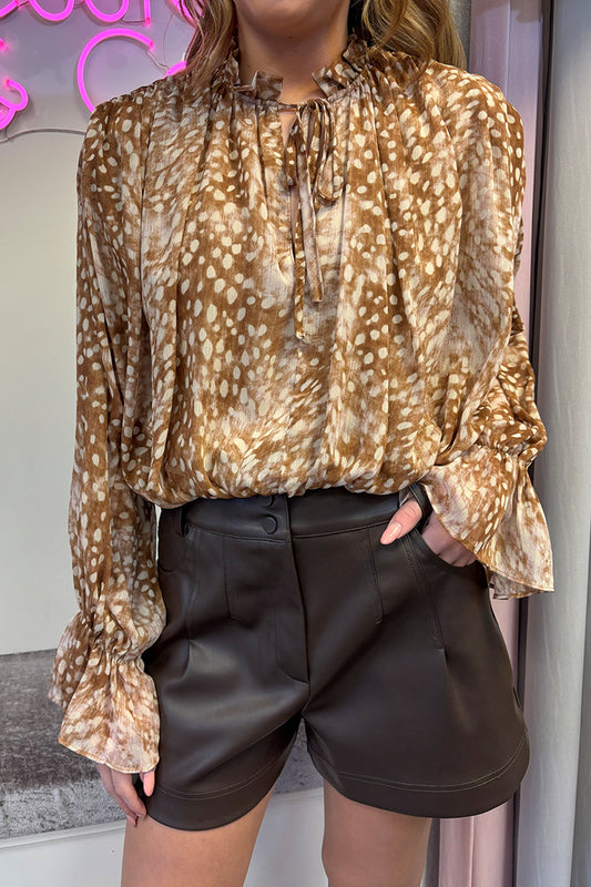 Caramel Deer Print Draped Shoulder Blouse