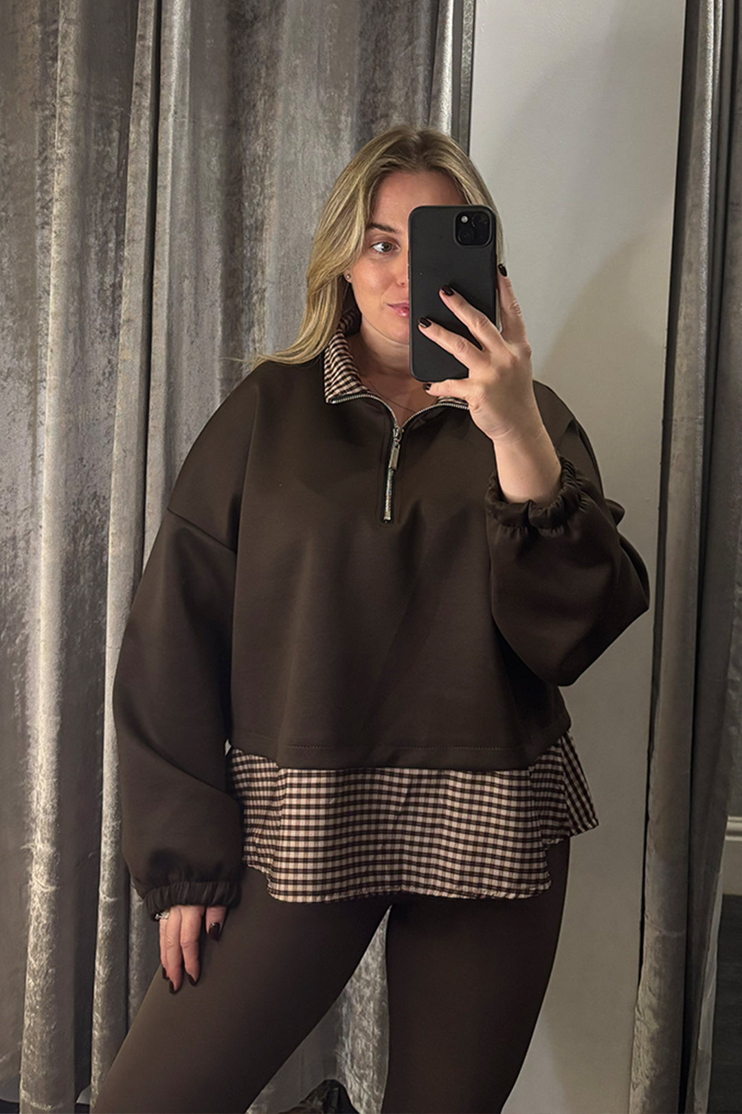 Brown Check Contrast Hem Quarter Zip Sweatshirt