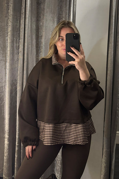 Brown Check Contrast Hem Quarter Zip Sweatshirt
