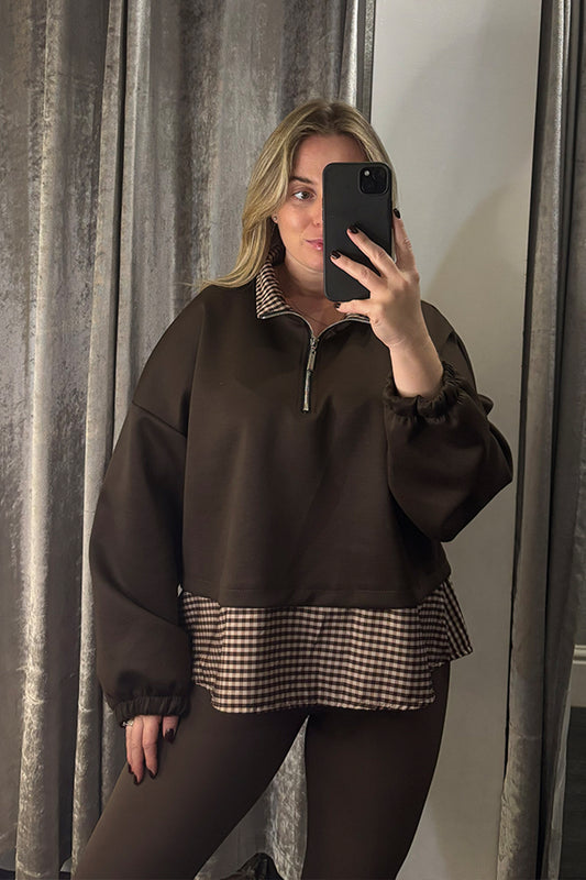 Brown Check Contrast Hem Quarter Zip Sweatshirt