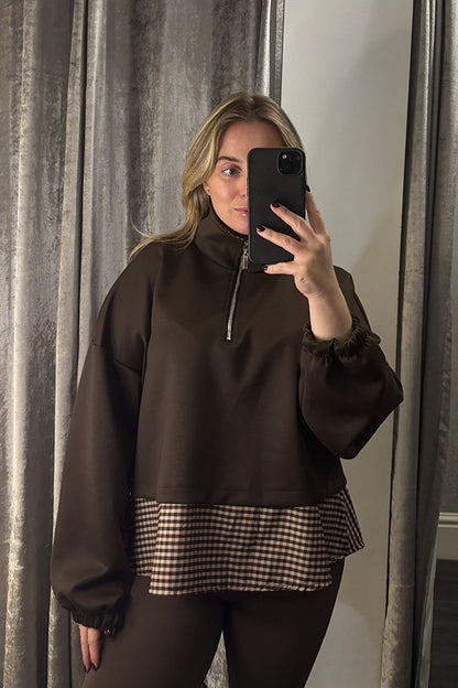 Brown Check Contrast Hem Quarter Zip Sweatshirt