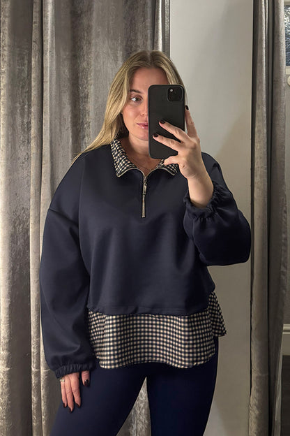 Navy Checked Contrast Hem Quarter Zip Sweatshirt