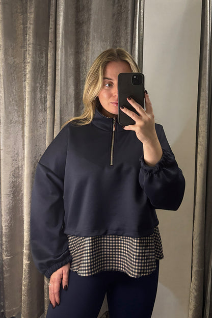 Navy Checked Contrast Hem Quarter Zip Sweatshirt