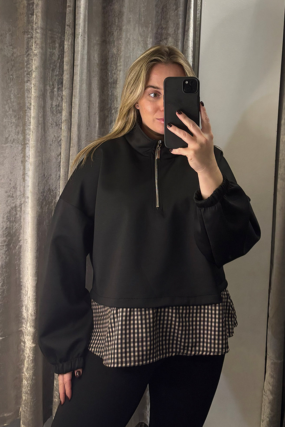 Black Checked Contrast Hem Quarter Zip Sweatshirt