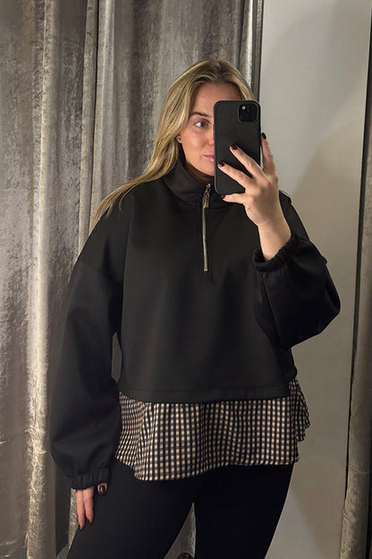 Black Checked Contrast Hem Quarter Zip Sweatshirt