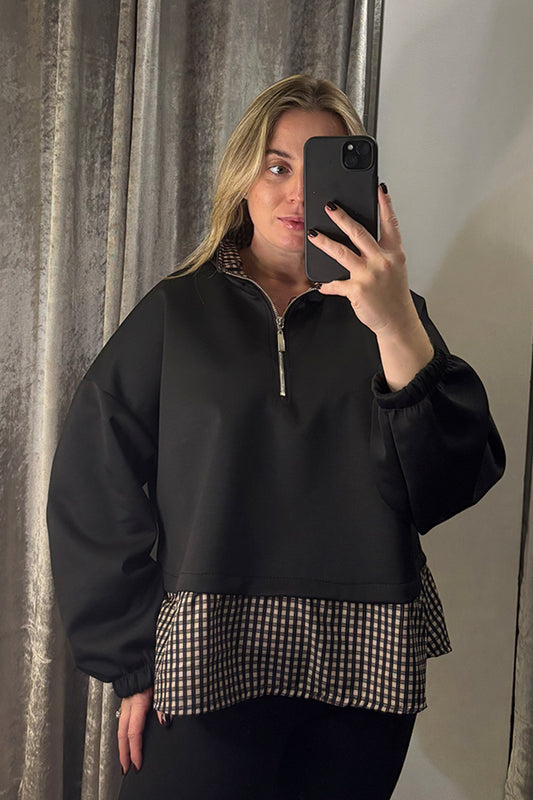 Black Checked Contrast Hem Quarter Zip Sweatshirt