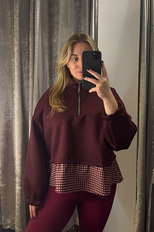 Burgundy Checked Contrast Hem Quarter Zip Sweatshirt
