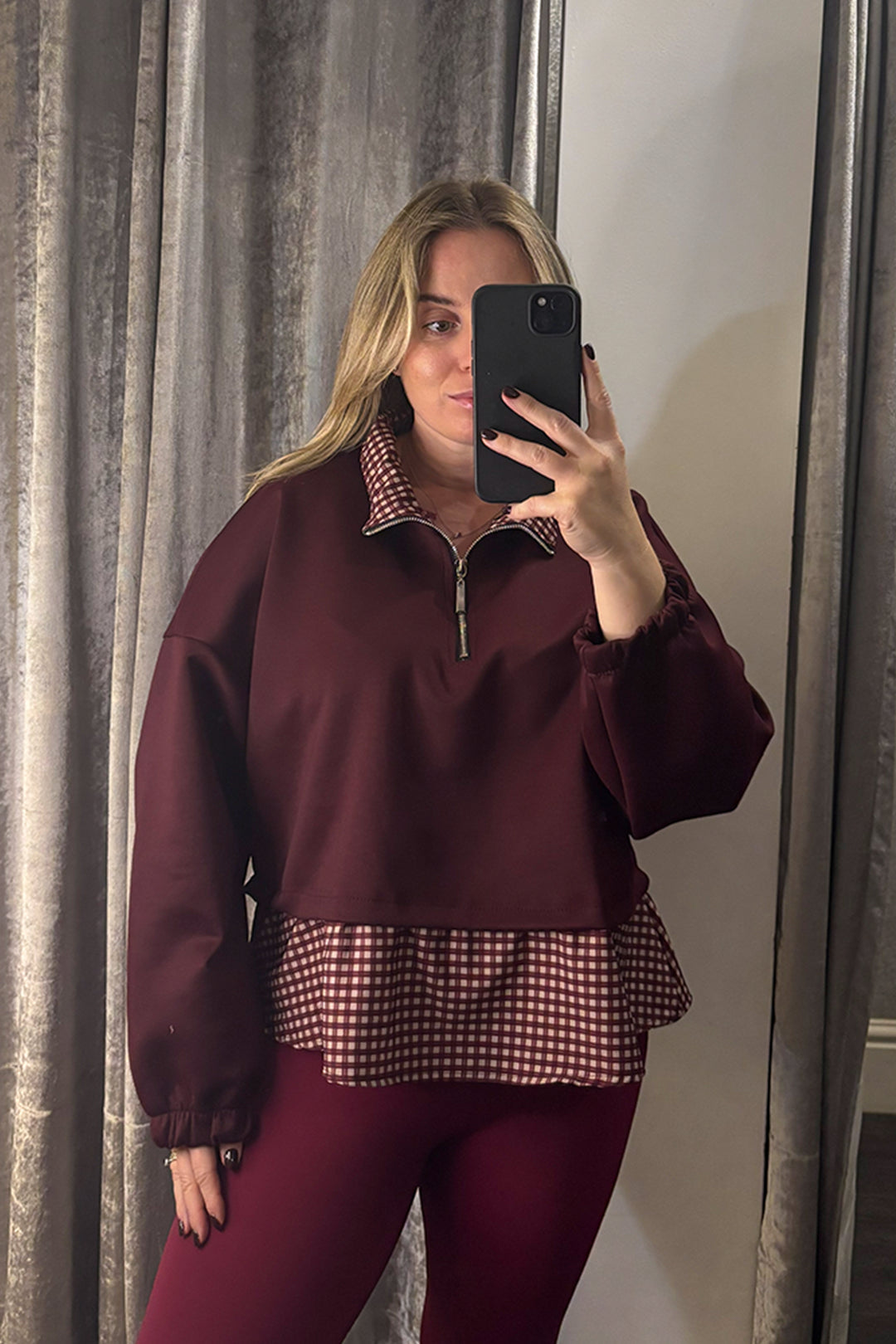 Burgundy Checked Contrast Hem Quarter Zip Sweatshirt