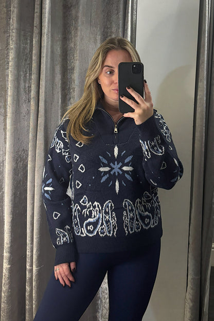 Navy Paisley Quarter Zip Knitted Jumper