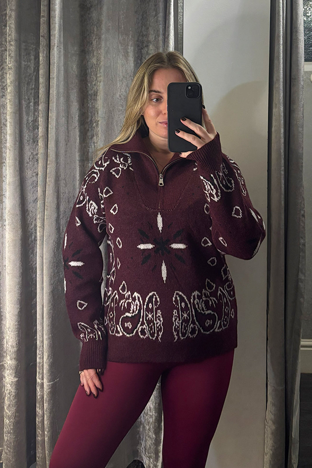 Burgundy Paisley Quarter Zip Knitted Jumper