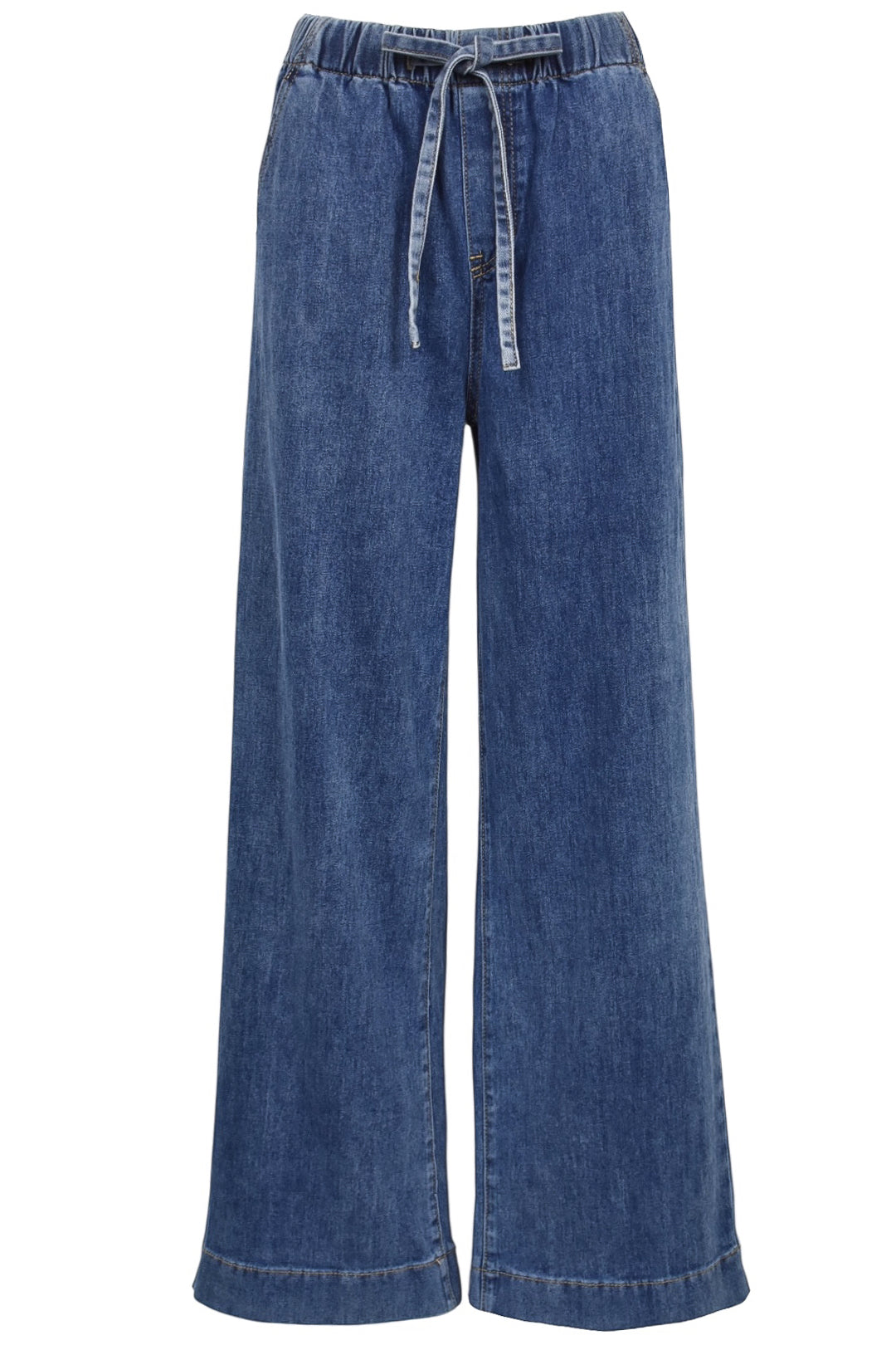Mid Denim Tie Waist Wide Leg Jeans