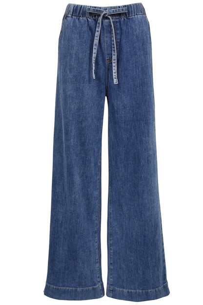 Mid Denim Tie Waist Wide Leg Jeans