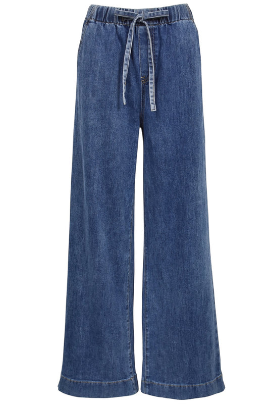 Mid Denim Tie Waist Wide Leg Jeans