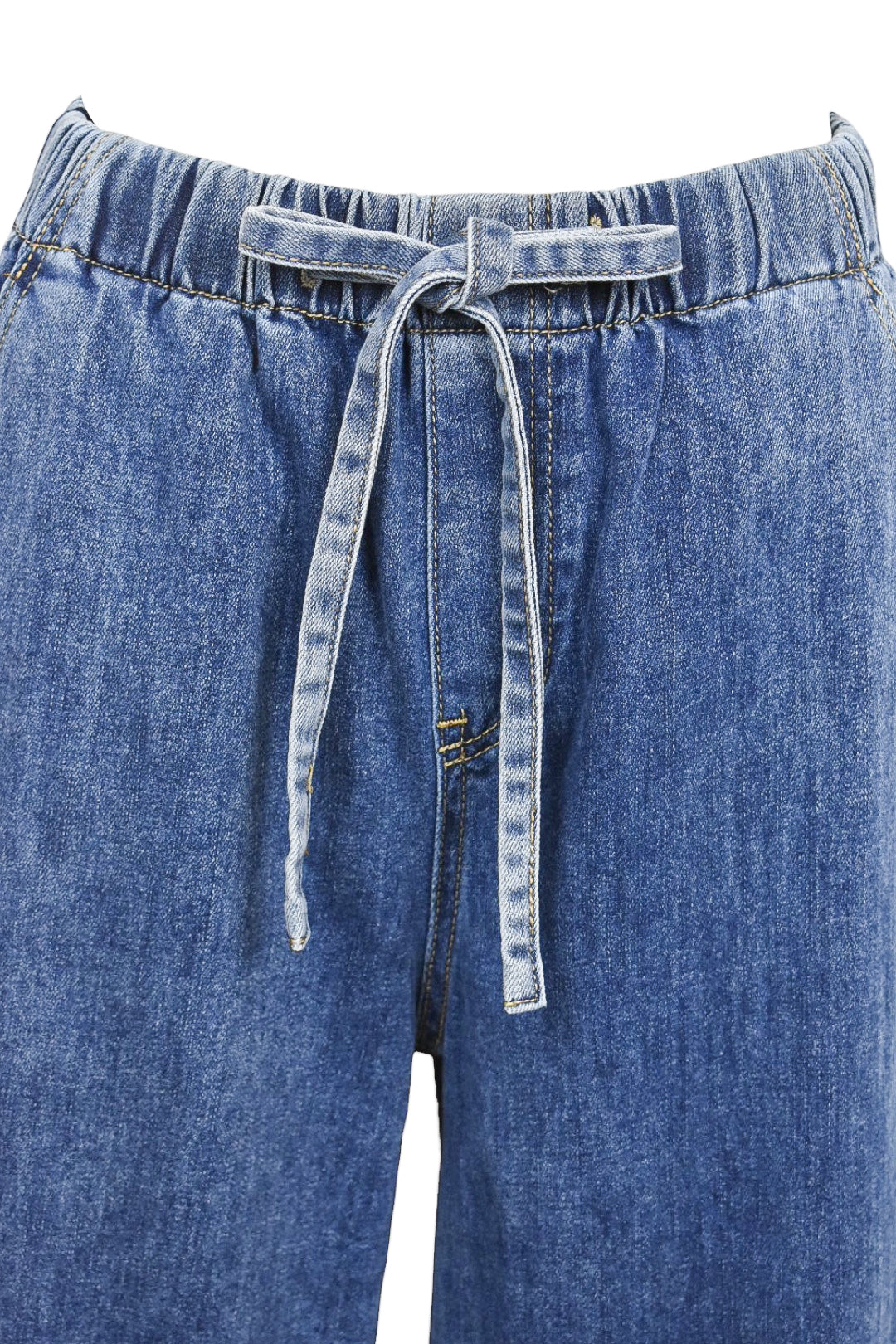 Mid Denim Tie Waist Wide Leg Jeans