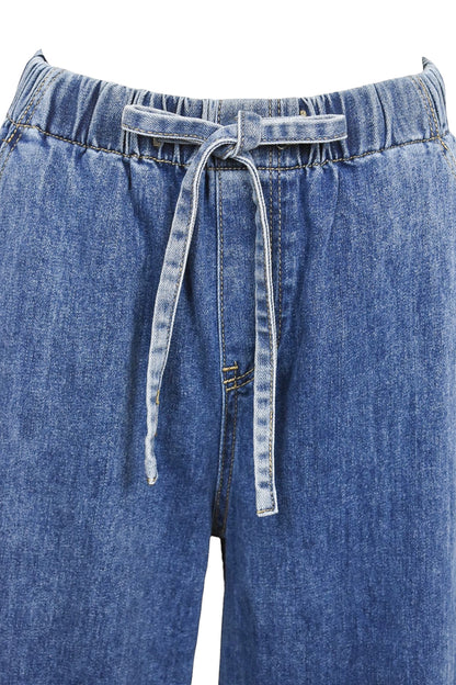 Mid Denim Tie Waist Wide Leg Jeans