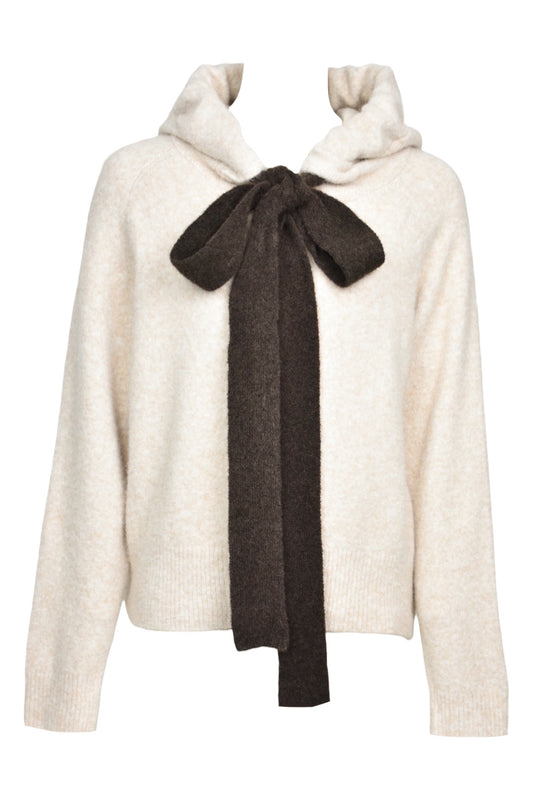 Cream & Brown Bow Knitted Zip Up Hooded Cardigan
