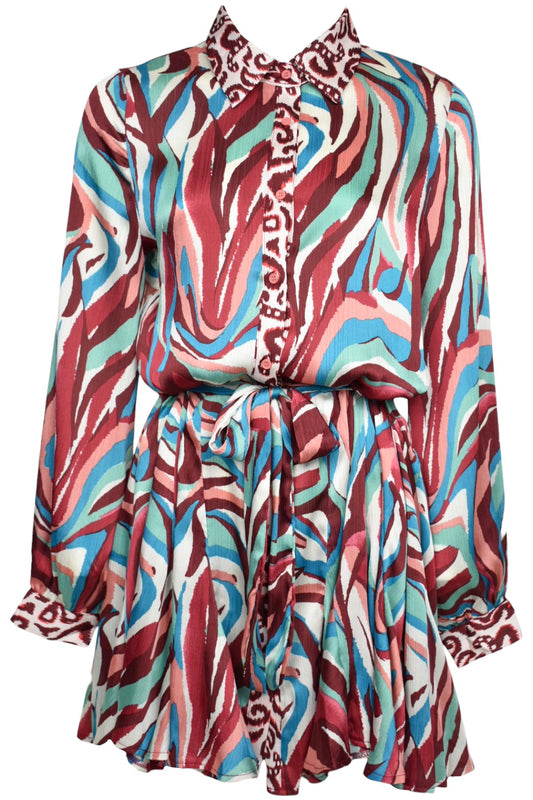 Burgundy & Multi Animal Print Belted Dress