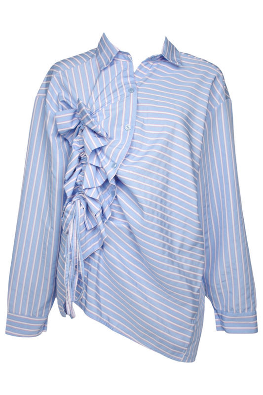Blue Pinstriped Ruched Frill Shirt