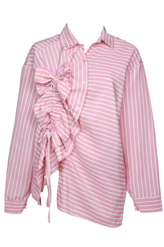 Pink Pinstripe Ruched Frill Shirt