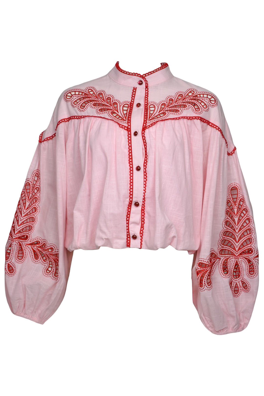 Pink & Red Bubble Hem Embroidered Blouse