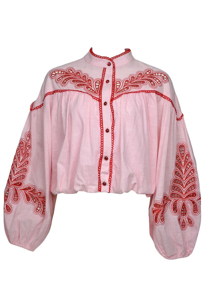 Pink & Red Bubble Hem Embroidered Blouse