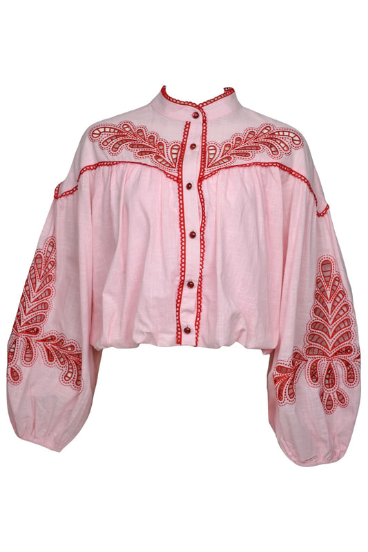Pink & Red Bubble Hem Embroidered Blouse