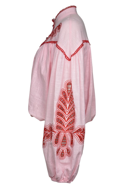 Pink & Red Bubble Hem Embroidered Blouse