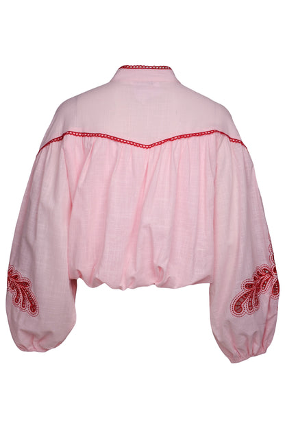 Pink & Red Bubble Hem Embroidered Blouse
