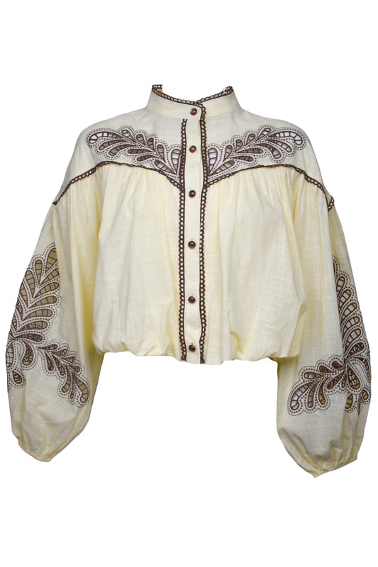 Lemon & Brown Bubble Hem Embroidered Blouse