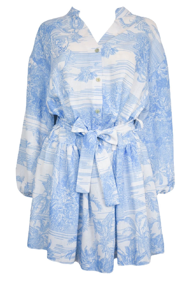 Blue Tropical Print Belted Dress