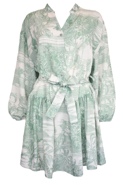 Green Tropical Print Belted Dress