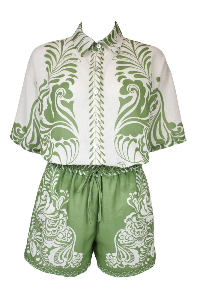 Green & Cream Leaf Print Shorts Co-ord