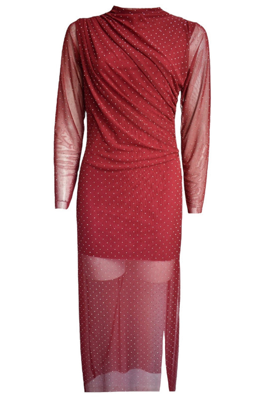 Burgundy Diamante Ruched Midi Dress