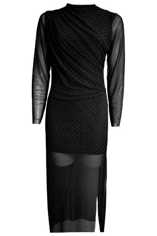 Black Diamante Ruched Midi Dress