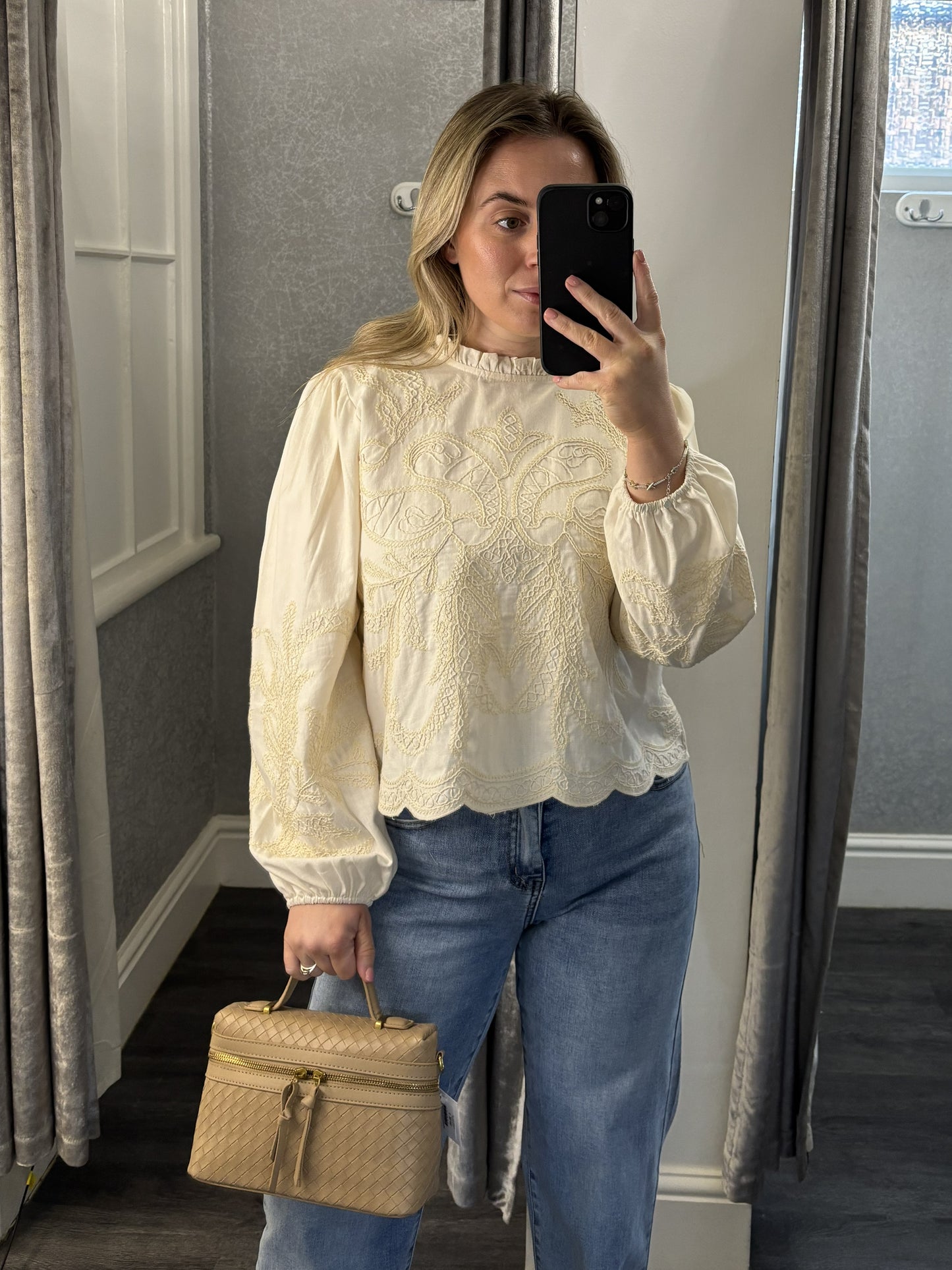 Cream Embroidered Frill Neck Blouse