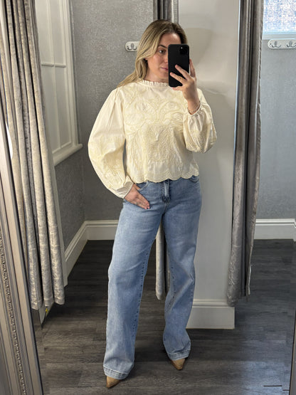 Cream Embroidered Frill Neck Blouse