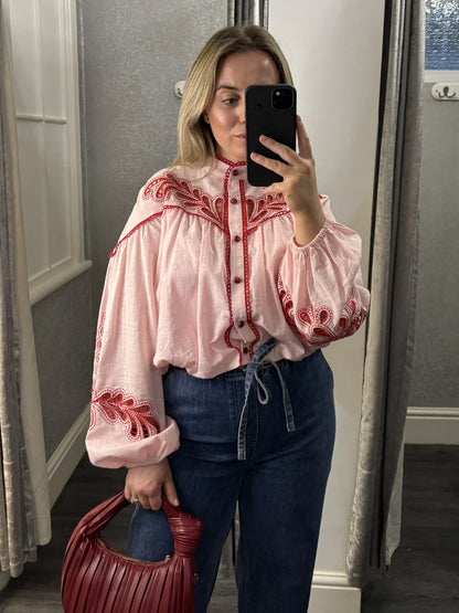 Pink & Red Bubble Hem Embroidered Blouse