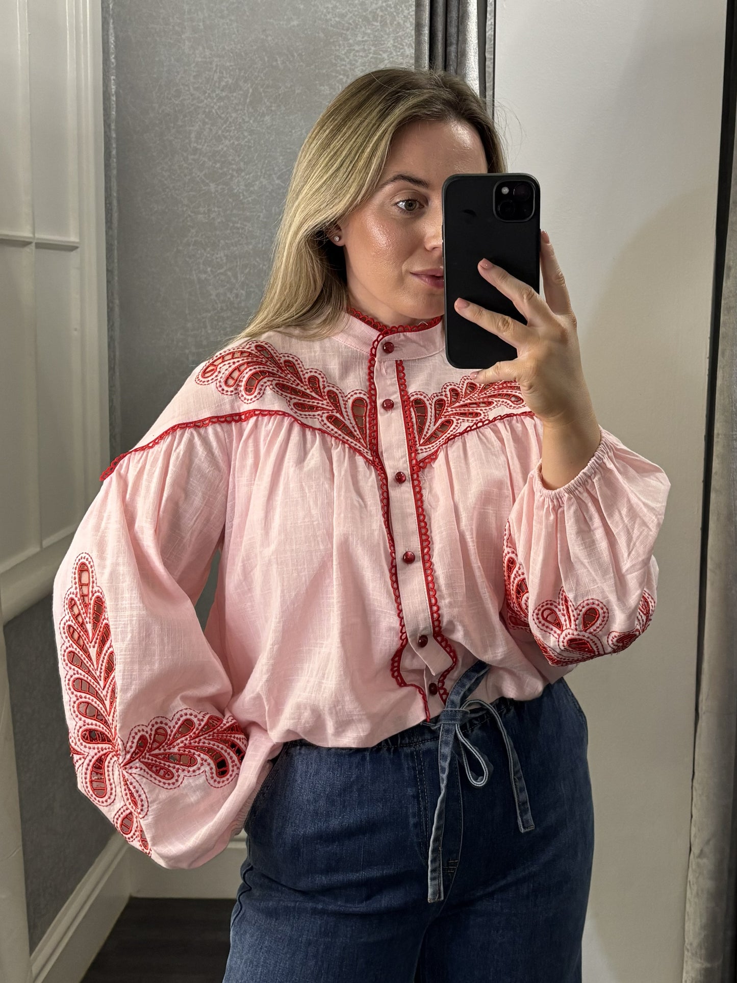 Pink & Red Bubble Hem Embroidered Blouse