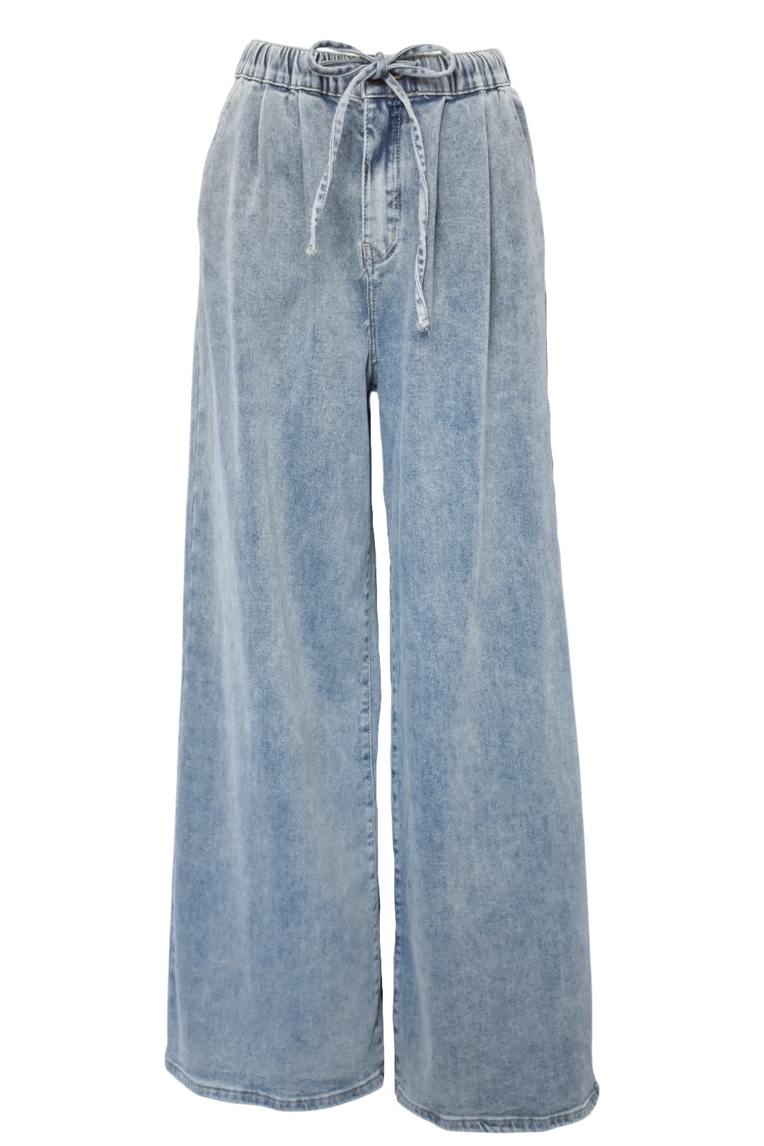 Washed Denim Tie Waist Wide Leg Jeans