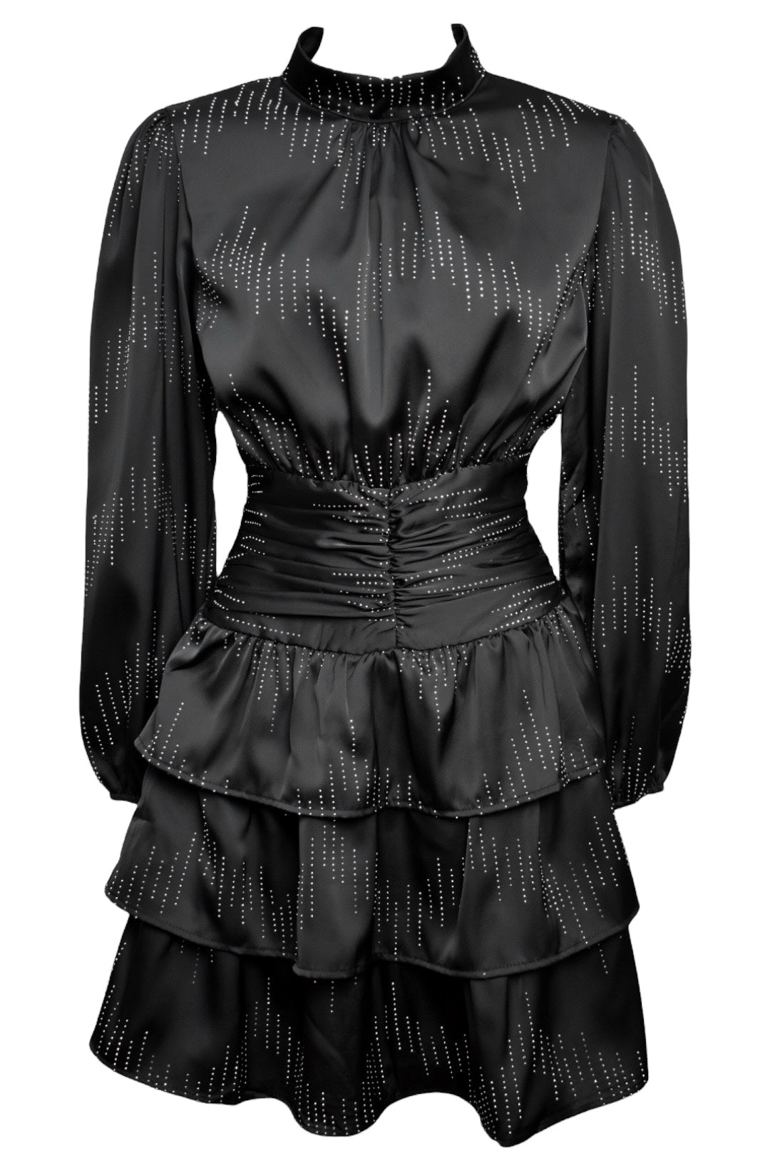 Black Satin Diamante Pleated Waist Tiered Hem Dress