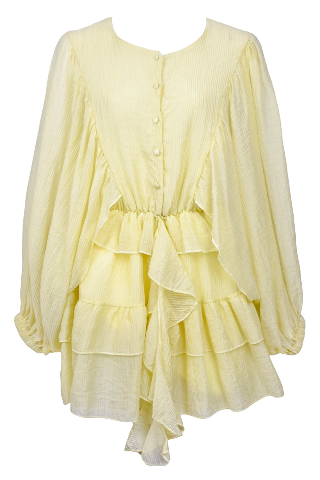 Lemon Balloon Sleeve Tiered Hem Dress