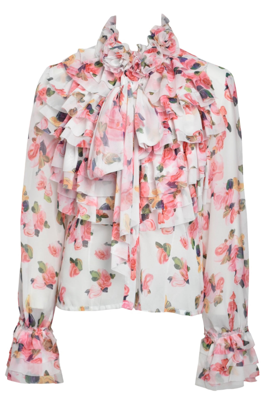 White & Pink Floral Rose Corsage Frill Blouse
